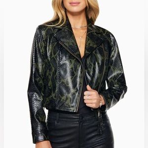 Ramy Brook Kane Faux Leather Snakeskin Moto Jacket Olive Large